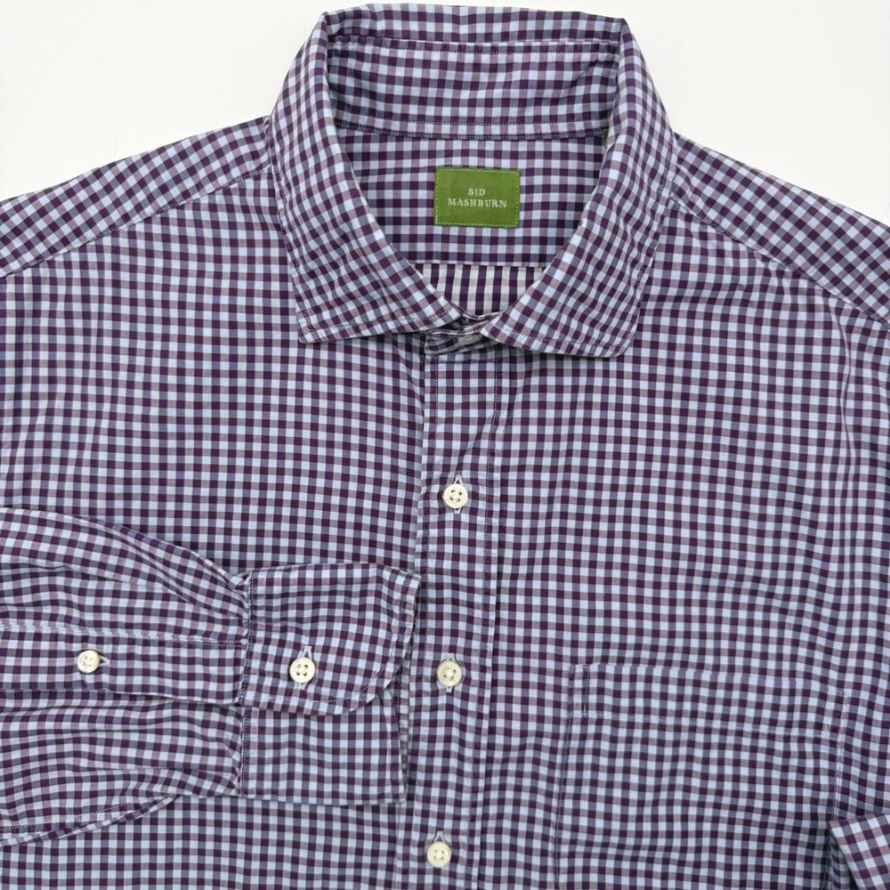 Sid Mashburn Button Up Men M Purple Gingham Spread Collar Long Sleeve Shirt FLAW